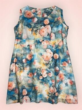 Linen Sleeveless Floral Watercolour A-Line Dress in Blue Peach est sz 18 Plus